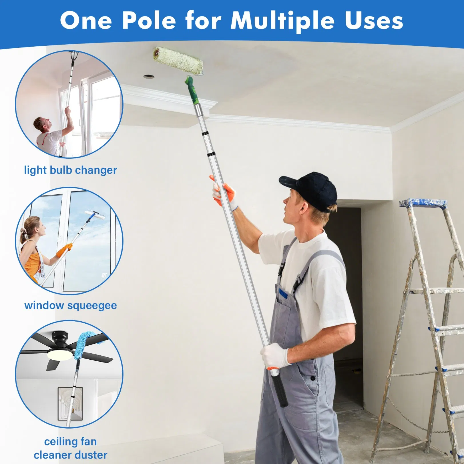 12FT Extension Cleaning Rod Detachable Brush Head Aluminum Spin Lock Telescopic Pole