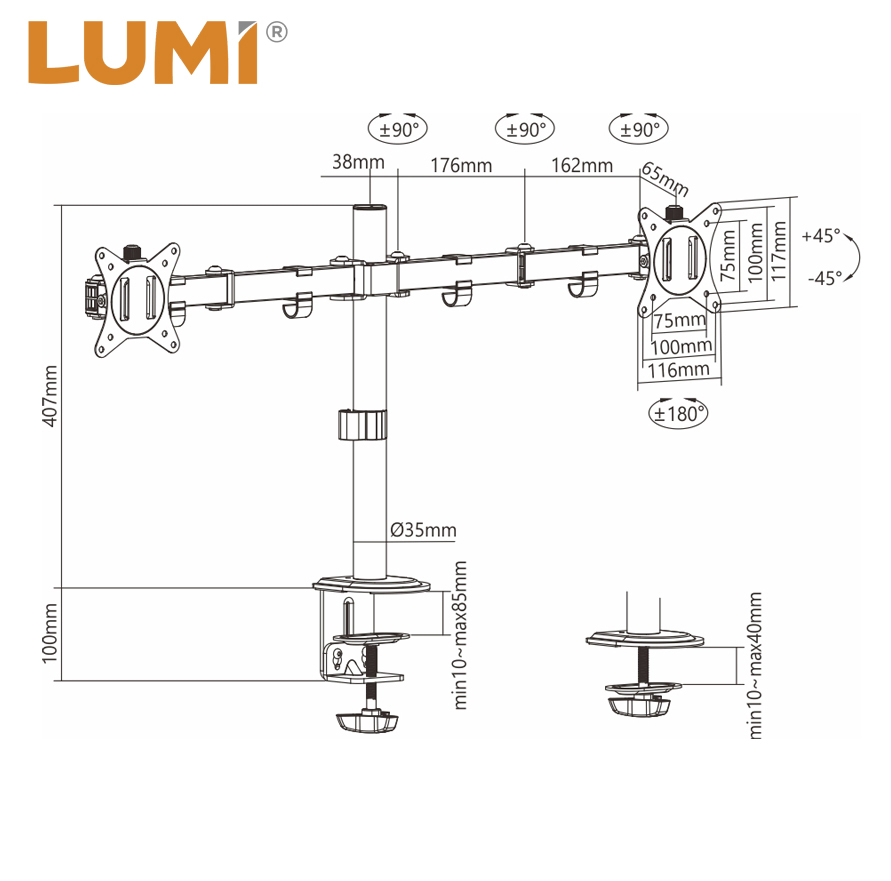 LUMI Economy Computer Desk Mount Adjustable Articulating Monitor Stand Arm