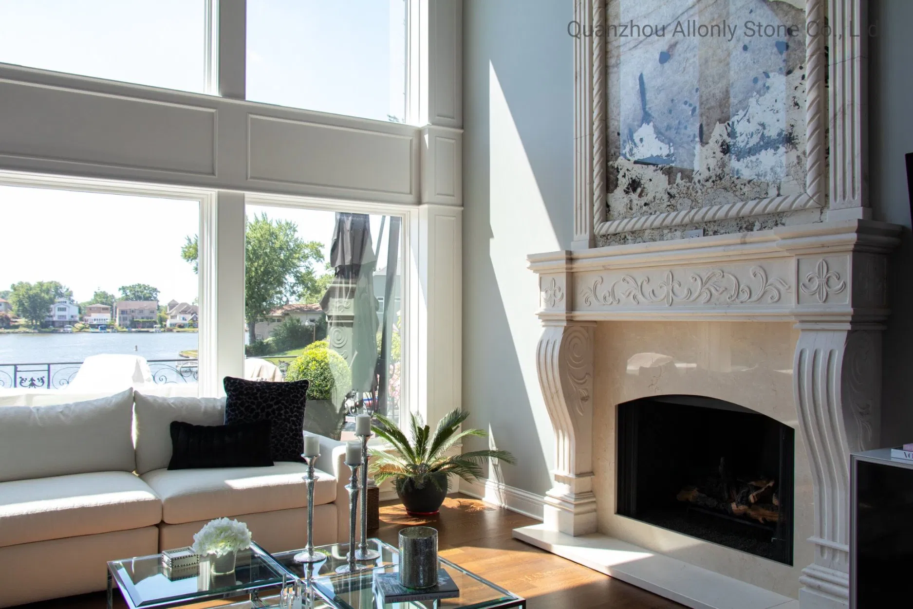 White Indoor Marble Crema Liestone Surround Stone Fireplace Mantels
