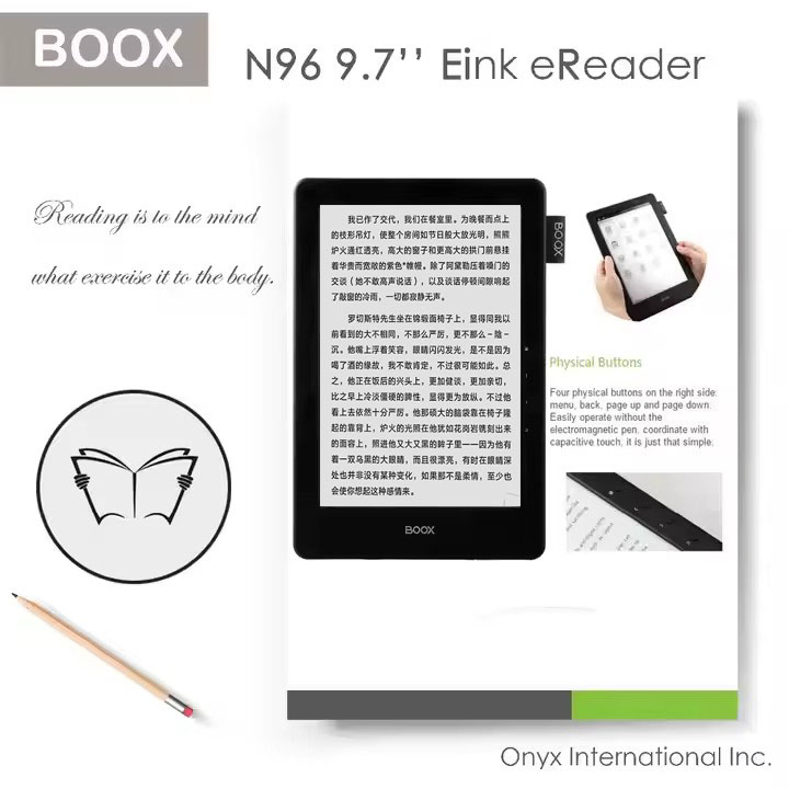 9.7 Inch Eink Reader Touching Mode Screen with 16GB Flash Memory and TF Card Slot Suppotring WiFi & Bluetooth Mode and MP3 or Wav Audio Formation