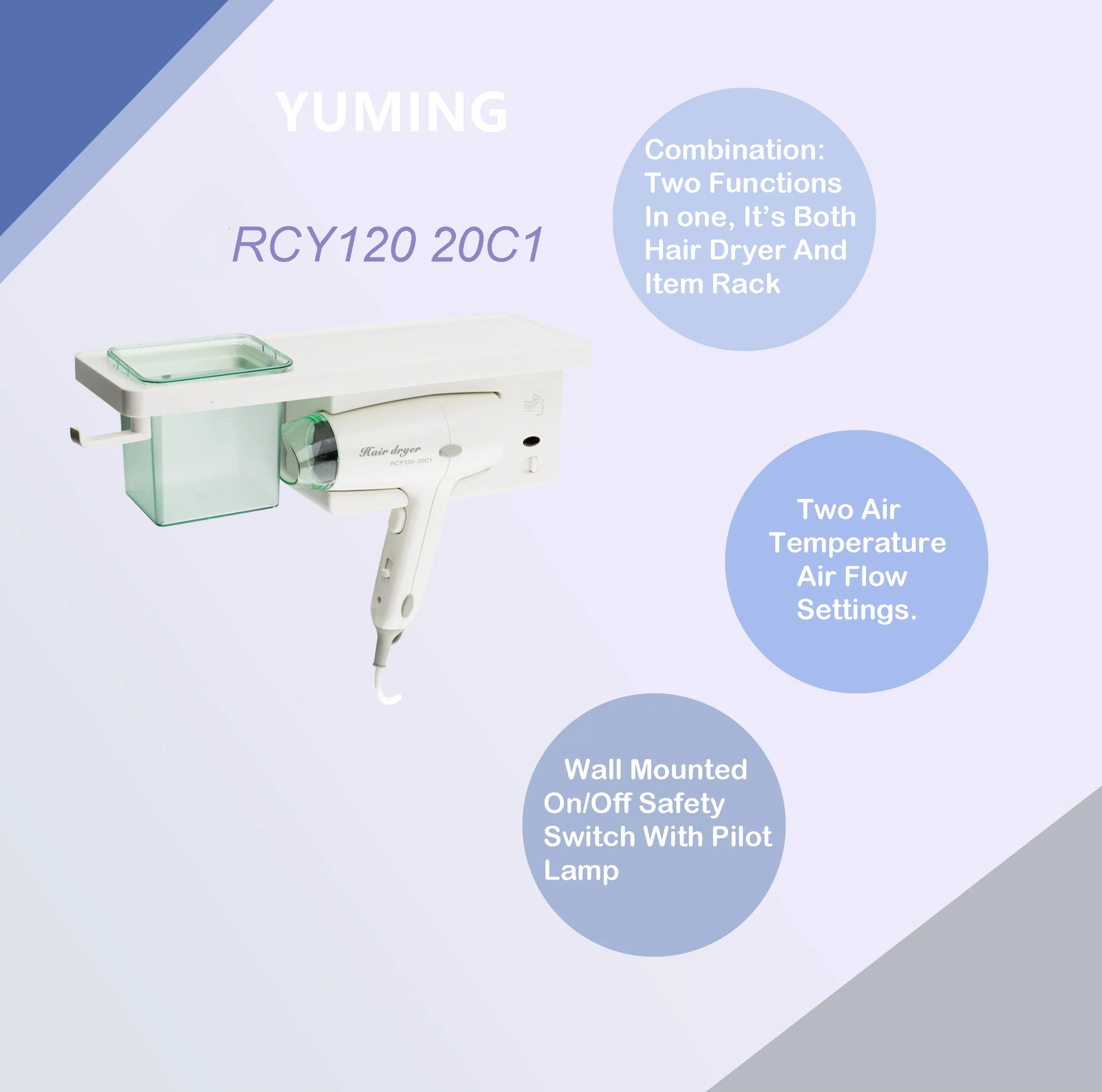 Home & Hotel Convenient Home & Hotel Convenience Mounted Base with Safety Switch ABS White Hair Dryer