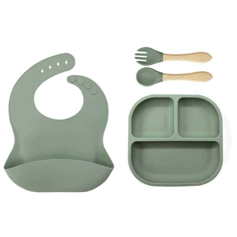 Silicone Complementary Food Bowl for Babies, Square Dinner Plate Set, Divided Plate, Bib, Integrated Eating Set with Suction Cup.