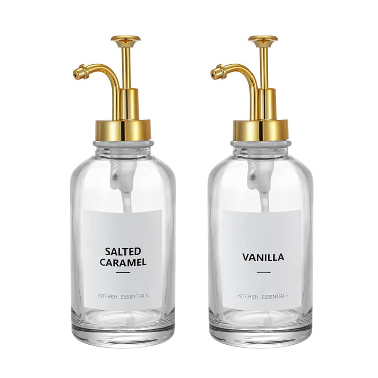 500ml Glass Coffee Syrup Pump Dispenser Coffee Bar Glass Syrup Pump Dispenser Bottle Syrup Dispenser with Stickers for Kitchen Hand Sanitizer Glass Bottle