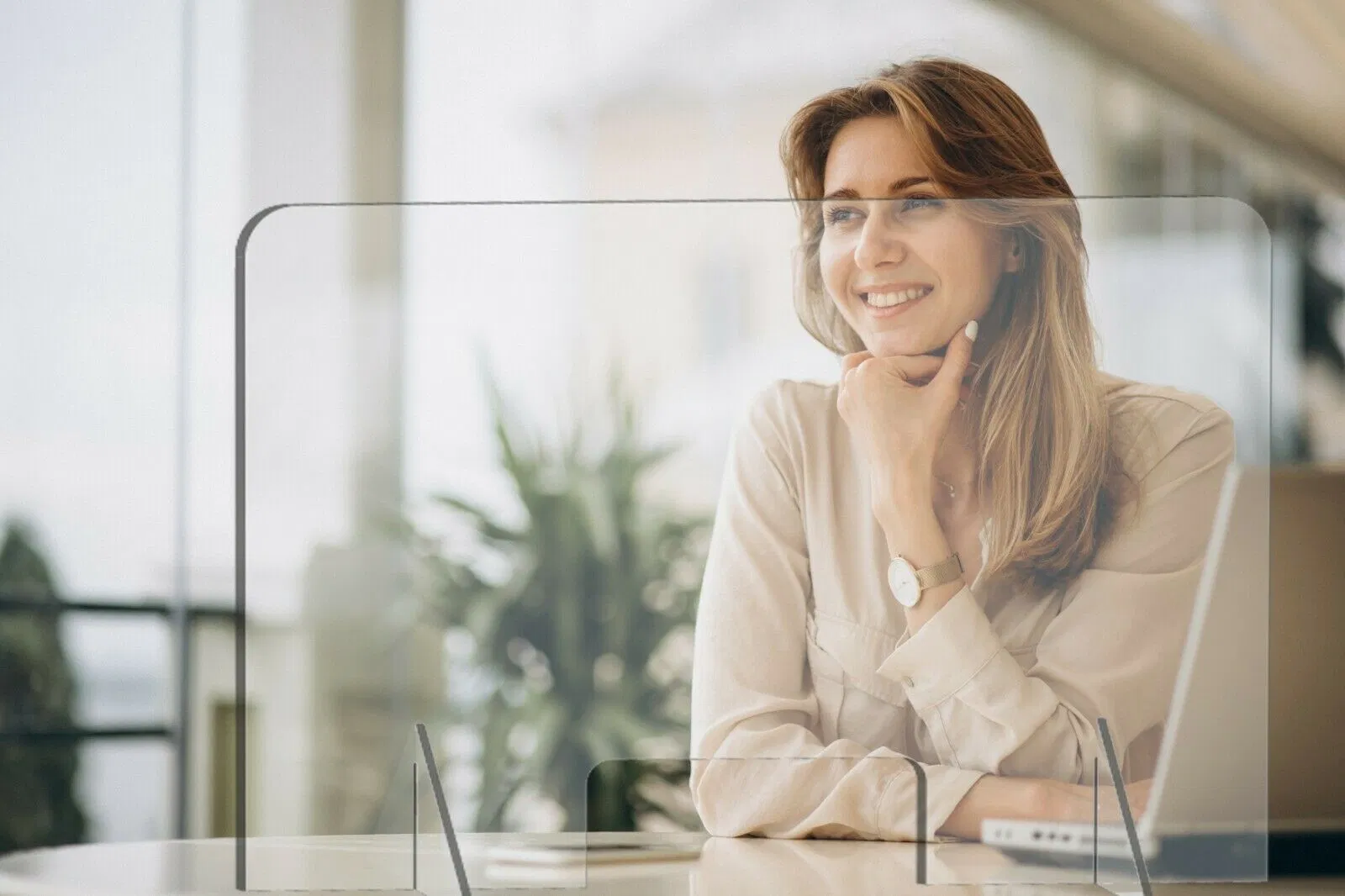 Sneeze Guard for Counter and Desk, Portable Plexiglass Acrylic Freestanding Protective Shield with Transaction Window for Office, Stores