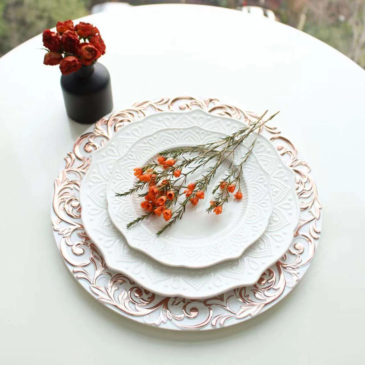 Elegant Vintage Dinner Charger Plate in Rose Gold Finish