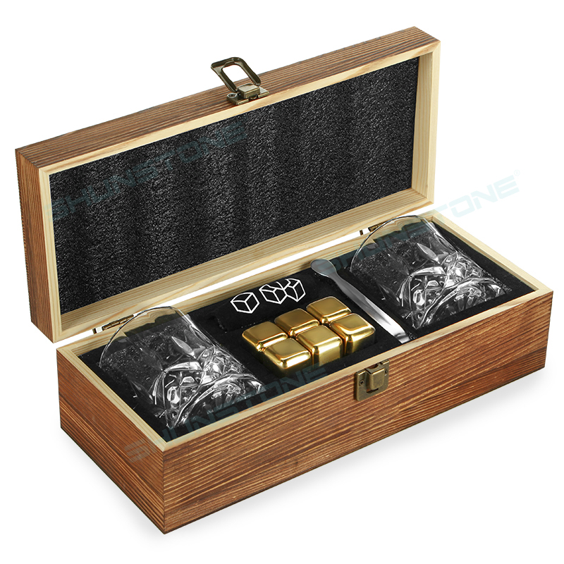 Shunstone Custom Whiskey Rocks Glass Gift Set with Gold Whiskey Chilling Ice Cube Luxury Business Whiskey Gift for Men