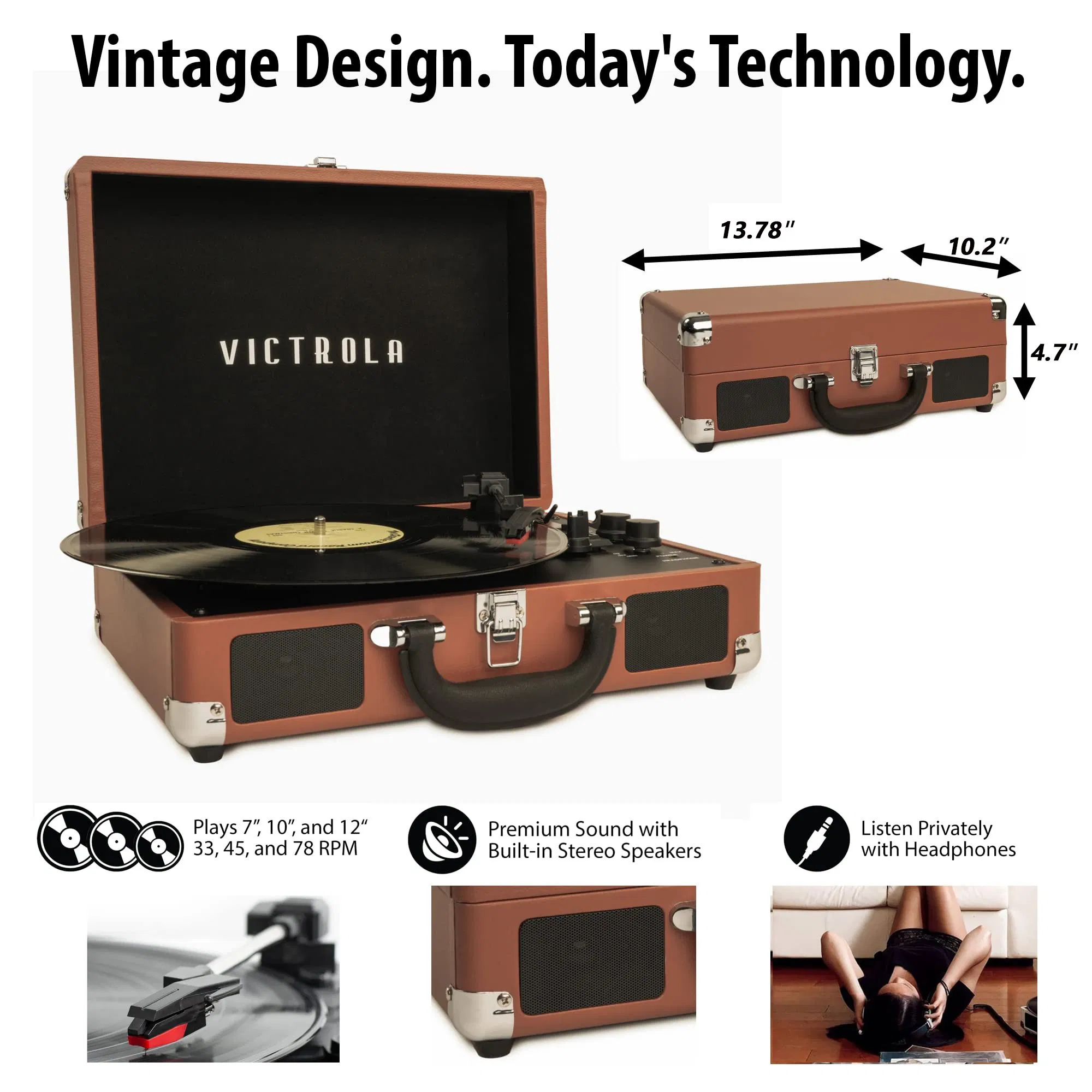 Anti-Vibration Turntable Portable Suitcase Phonograph Vinyl Records with Bluetooth Battery USB SD Record and Play Type-C