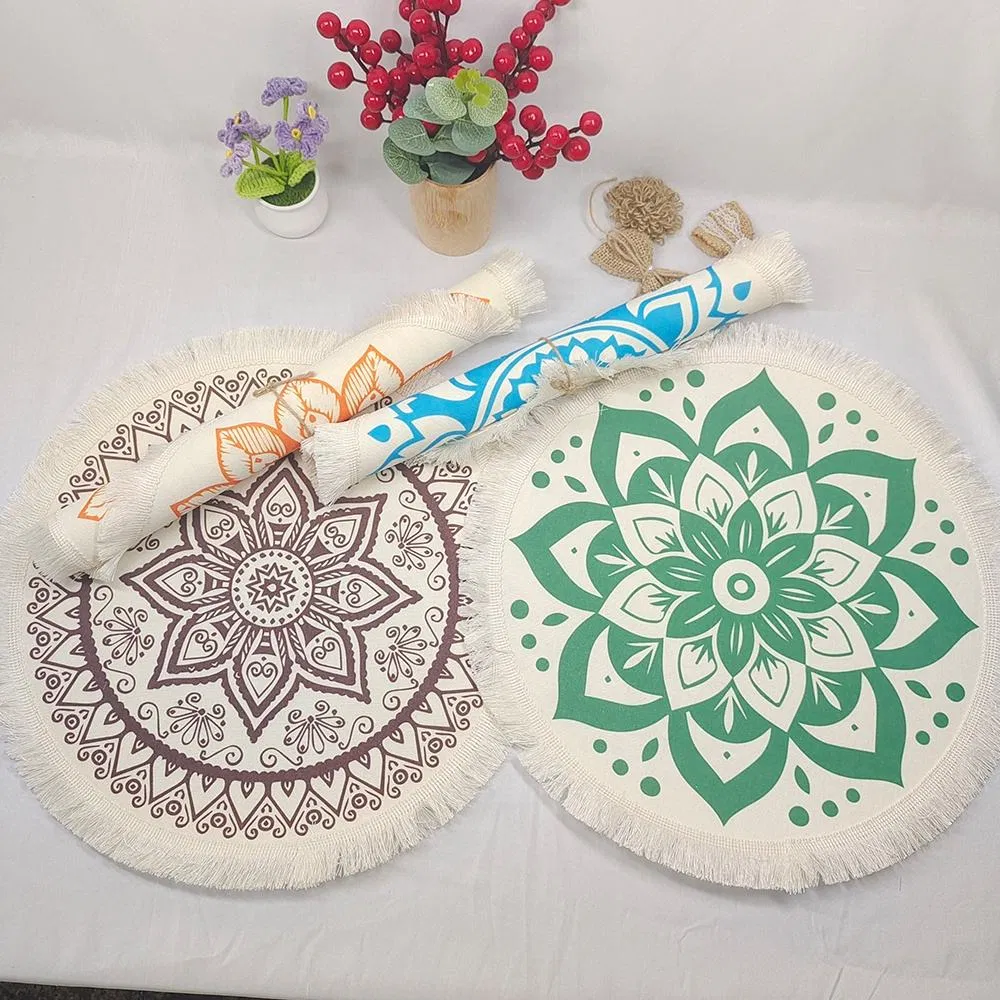 Boho Round Placemats Table Decor Soft Polyester Waterproof Placemat with Fringe for Dining Table