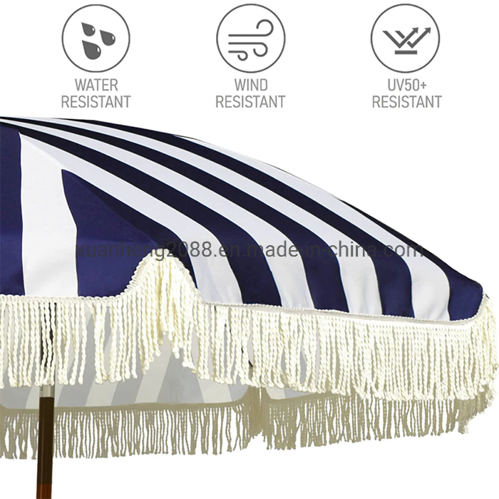 Stylish Outdoor Travel Customizable Unique Bohemian Beach Umbrella with Wooden Pole and Fringed Tassels Design Patio Resort Market Club Umbrella