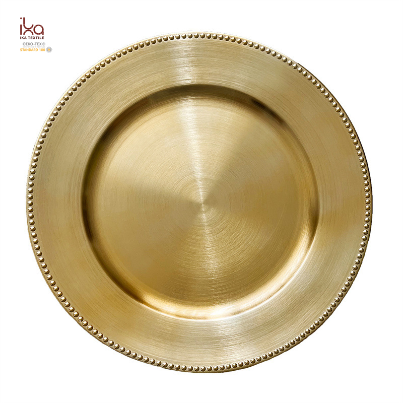 Hot Sale Acrylic Plastic Beaded Rim Round Bulk Tabletop Decorative Dinner Party 13" 100 Gold Charger Plates for Wedding