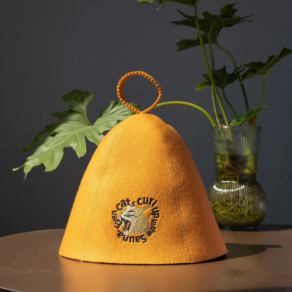 Banya Hat Custom Cat - Embroidered Natural Wool Felt Sauna Cap for Shower & Sauna Use