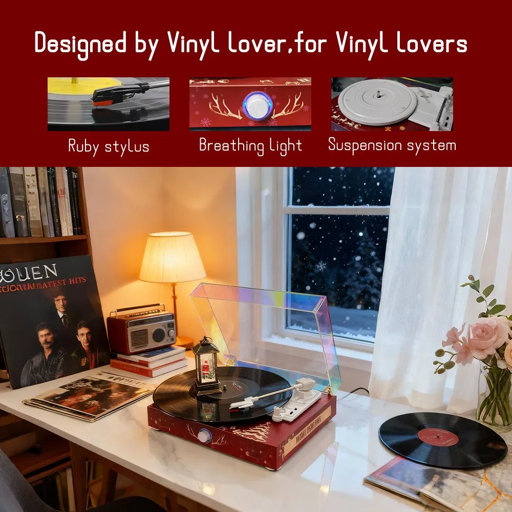 Colorful Painting Christmas Glossy Piano Lacquer Finish 3-Speed Bluetooth Hi-Fi Turntable Speaker Gramophone Vinyl Record Player with Autostop