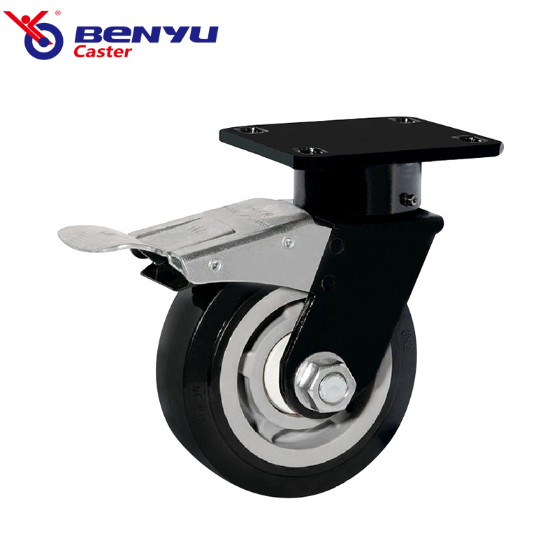 1 Ton Total Brake Heavy Duty Swivel Plate Rigid Caster Black PU Industrial Trolley Wheel Ruedas Pesadas