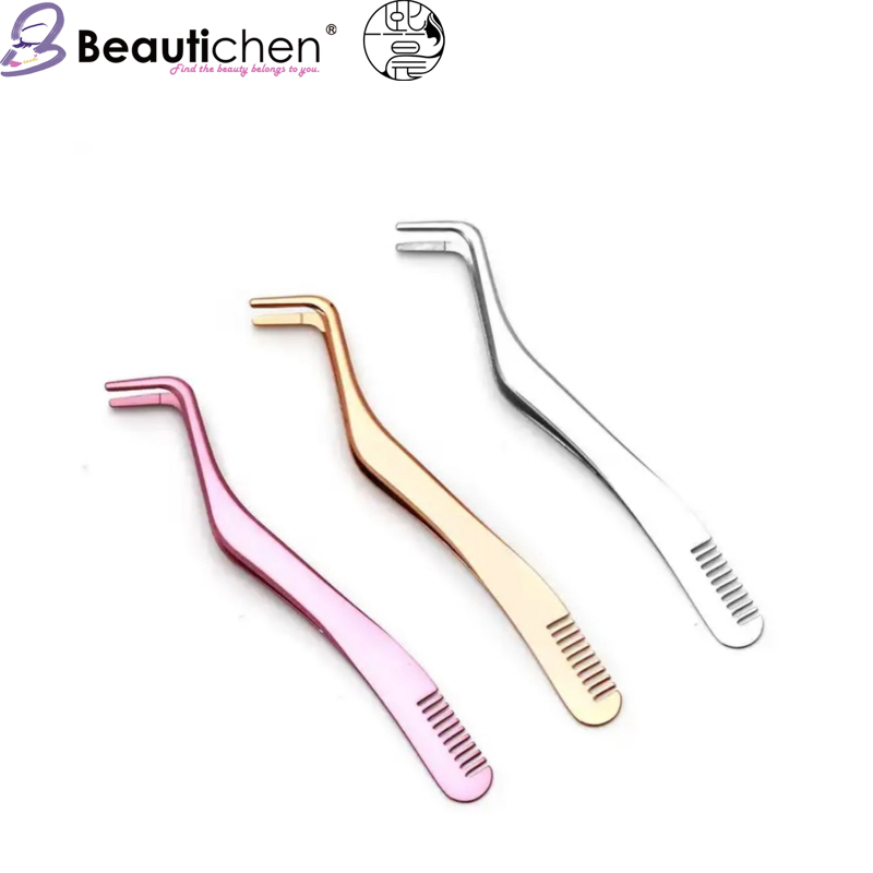 Beautichen Stainless Steel Dual-Ended Lash Tool - Curved Tweezer and Lash Comb for Eyelash Grafting and Application