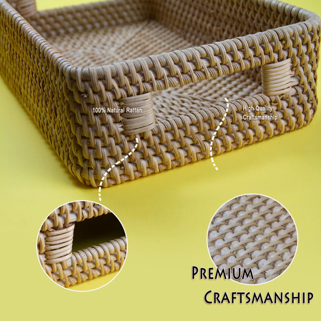 Rectangular Serving Woven Rattan Tray Natural Wicker Decorative Serving Baskets