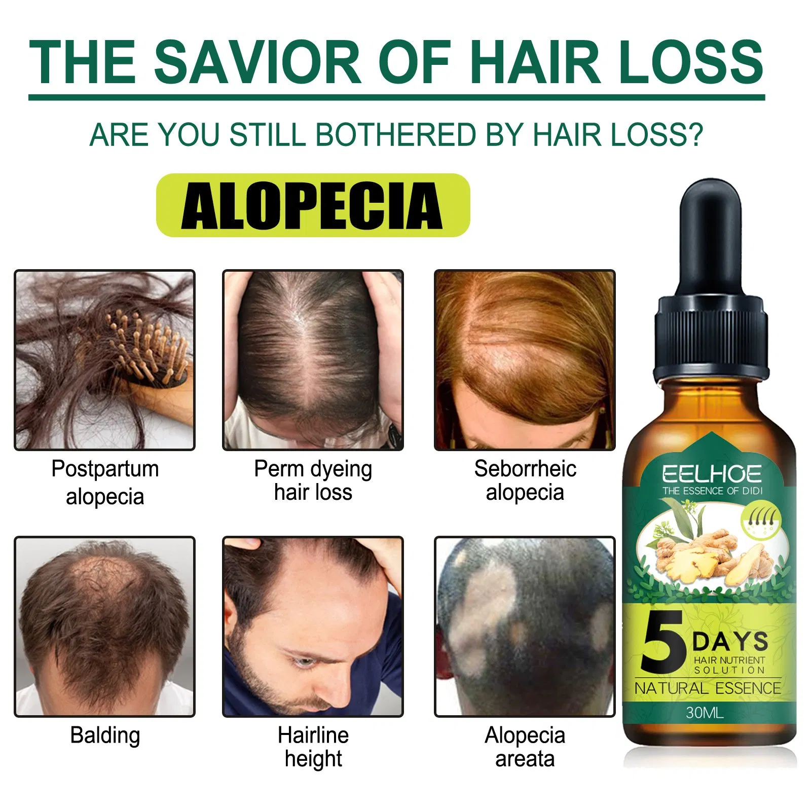 5 Days Anti Hair Loss Prevent Baldness Treatment Fast Growing Nourish Dry Damaged Ginger Hair Care Essential Oil