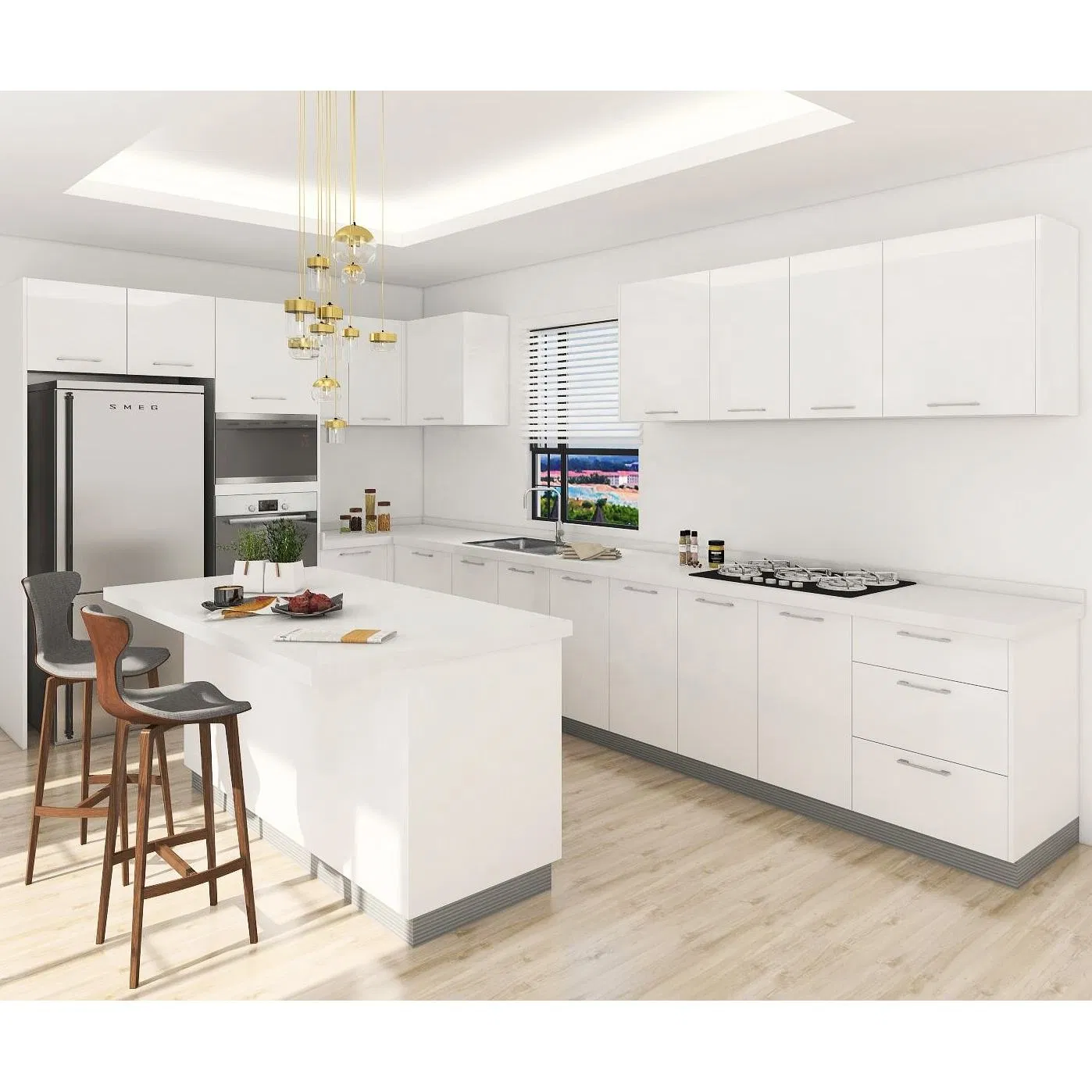 Apartment Ready to Assemble Modern Gray Lacquer High Gloss Kitchen Cabinet