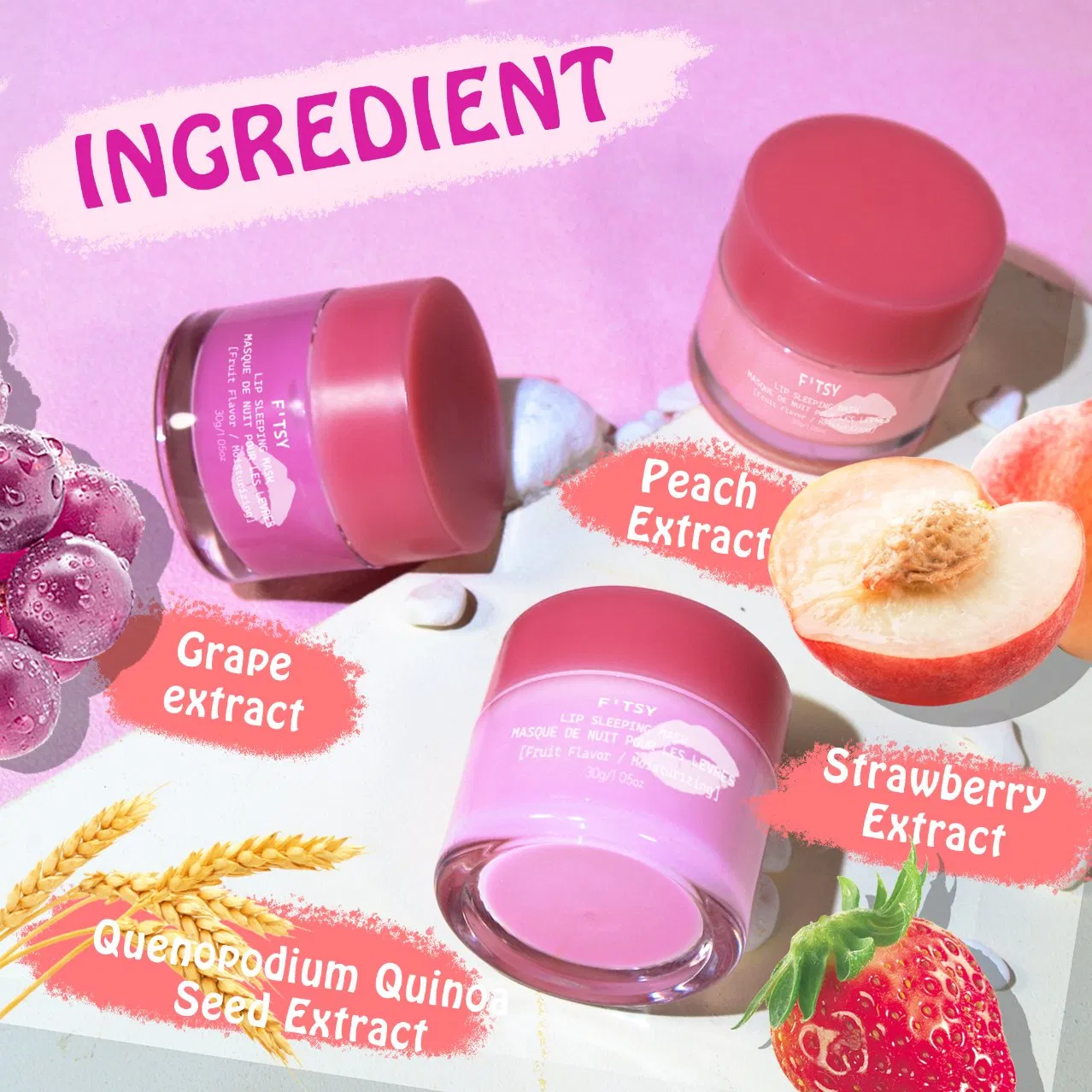Private Label Overnight Strawberry Lip Mask with Aloe Vera Grape Seed Oil