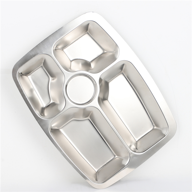 Tableware Divided Metal Food Lunch Tray Stainless Steel 5 Meal Compartments Dinner Plates