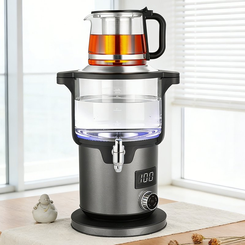 Household 4.5L Large Capacity Stainless Steel Base Temperature Control Samovar Teapot on Top Russian Glass Water Kettle