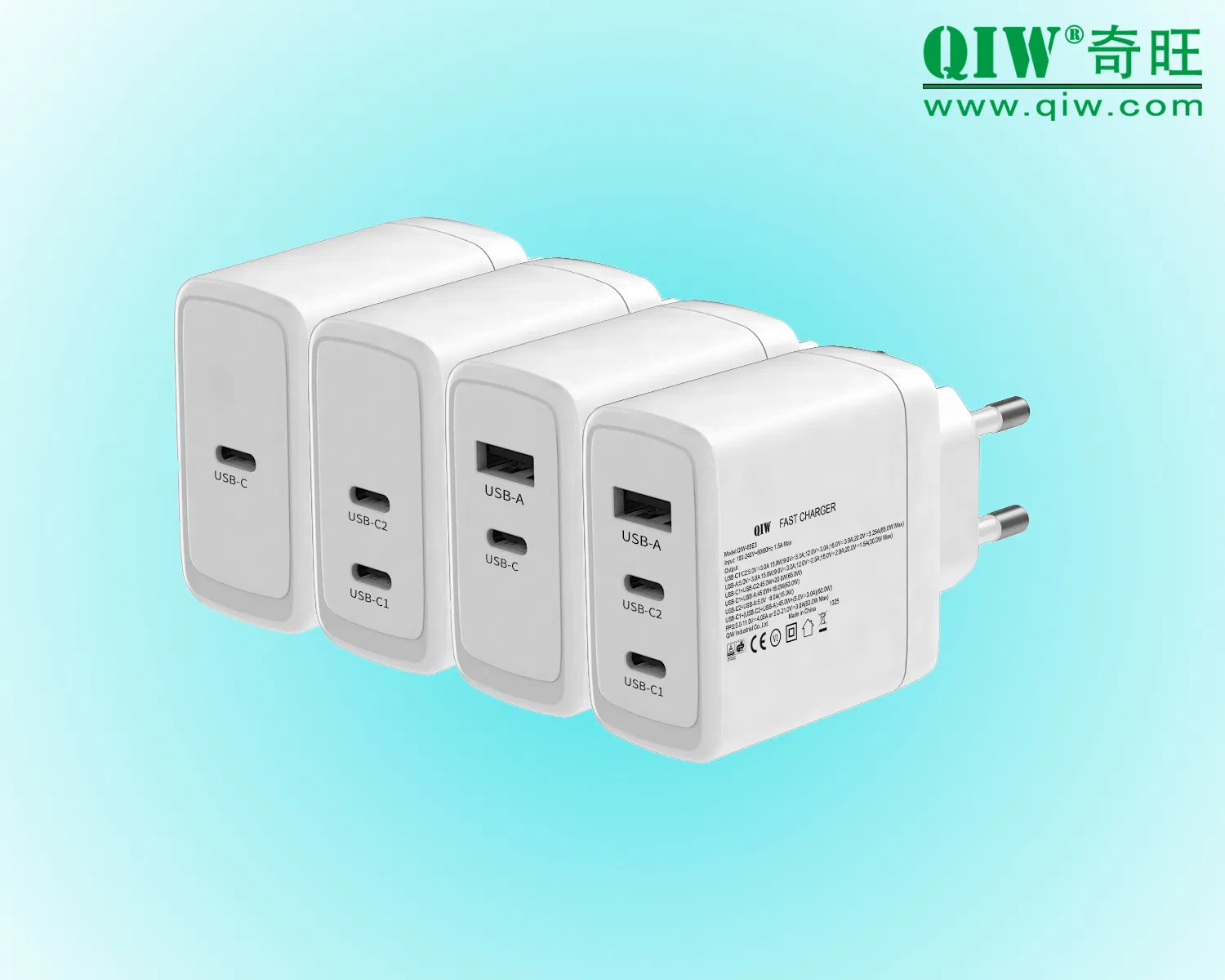 Qiw GaN Charger Pd PPS Fast Charger 45W 65W AC DC Power Adaptor for Laptop Tablet Mobile Phone Us/EU/UK/Au/Kr/Cn Interchangeable Adapter Replaceable Travel Plug