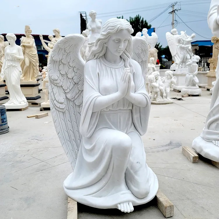 Customized Hand Carving White Marble Stone Praying Winged Baby Angel Sculpture