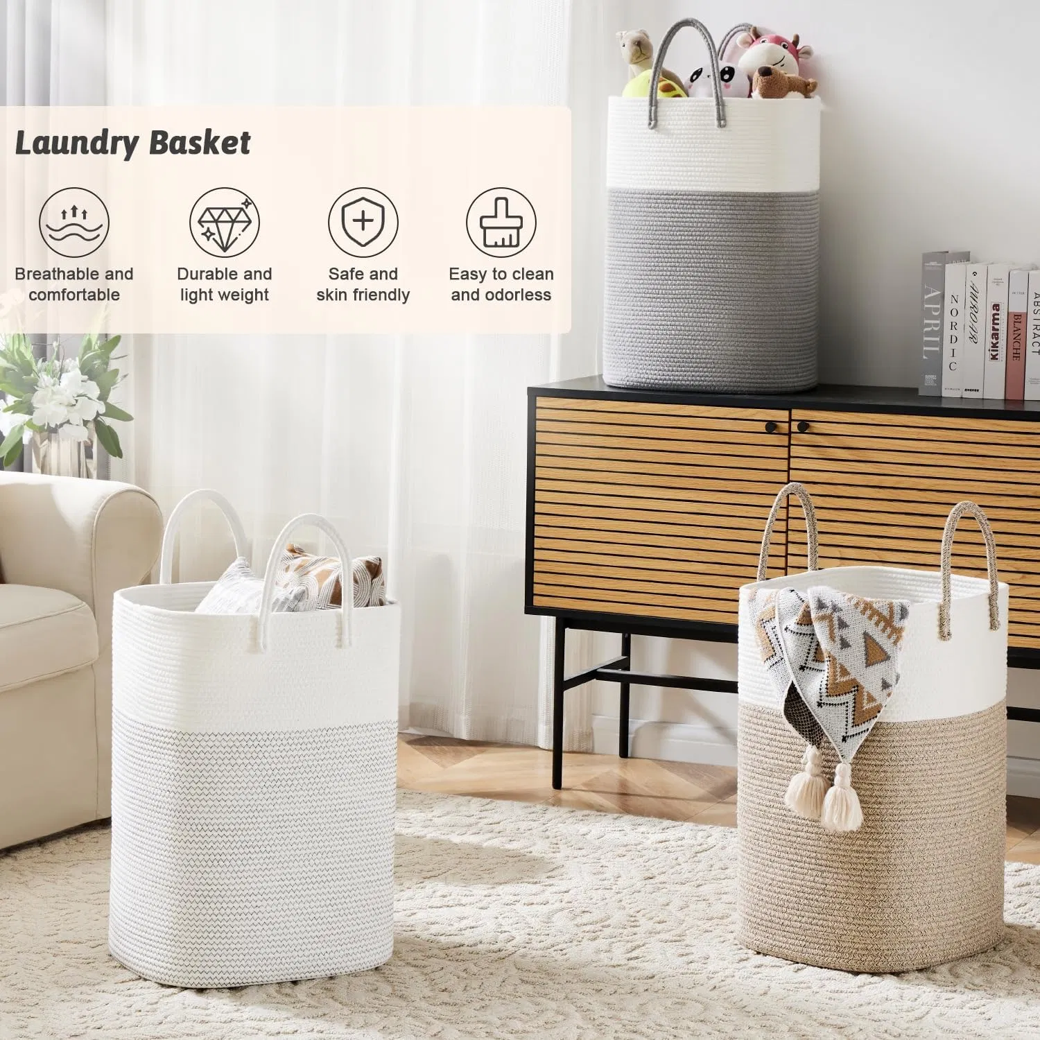 Laundry Basket Woven Cotton Rope Laundry Hamper Cotton Storage Basket for Dirty Clothes Baby Toys