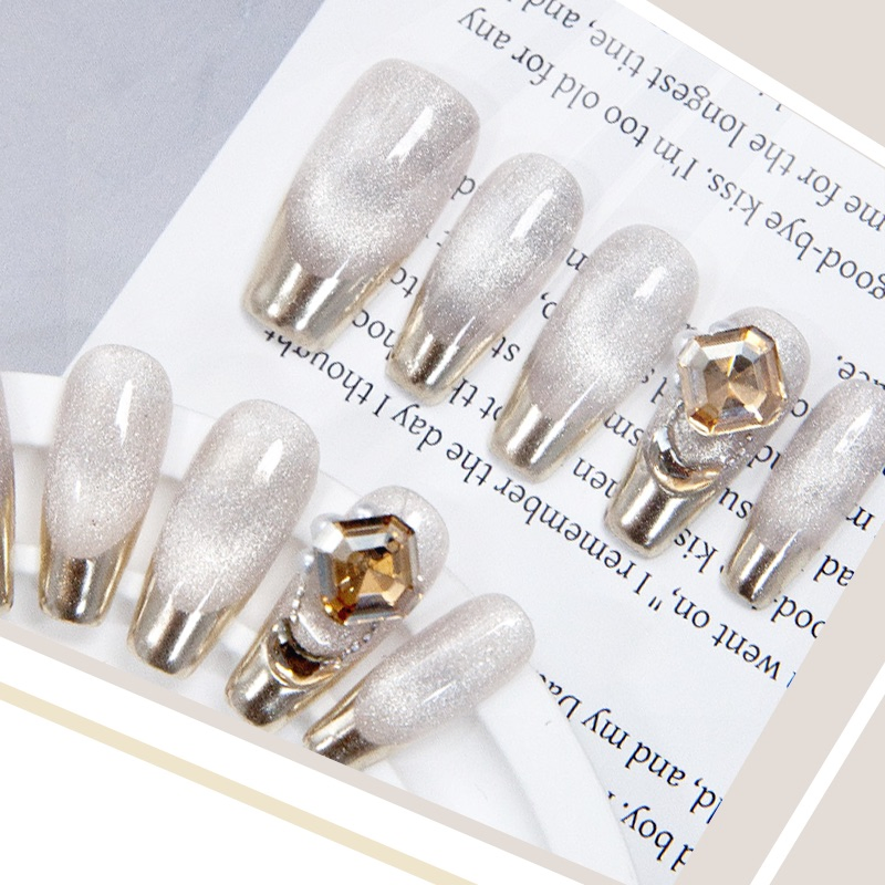 Luxury Silver Gold Glitter False Nails with Rhinestones - Elegant Press on Nails for Women - Reusable Artificial Nails