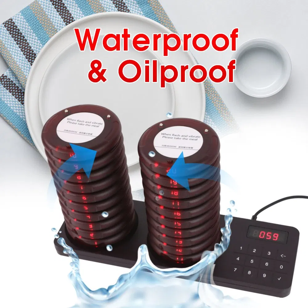 Wireless Restaurant Pager Waterproof Calling System 20 Coaster Buzzers Dual Charging Base
