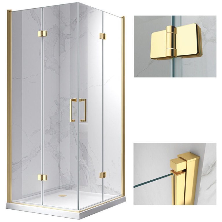 Suez Factory Supply Wholesales Tempered Glass Simple Corner in Door Luxury Gold Shower Enclosure for Hotel Bathroom