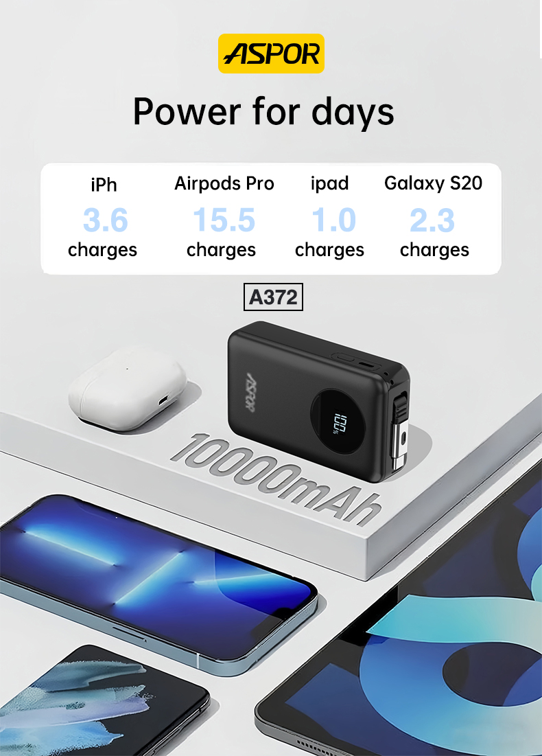 10000mAh Portable Power Bank with Built-in Retractable Charging Cable A372