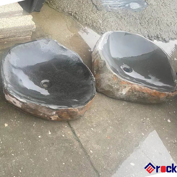 Natural Stone Random Shape Black Basalt Honed Stone Wash Basin for Outdoor Patios