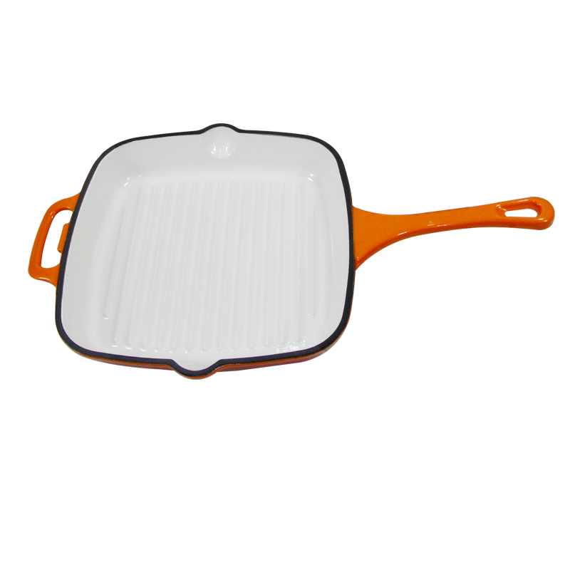 10.3'' Inch Enamel Cast Iron Steak Grill Griddle Pan Kitchenware Cookware Cooker Orange Color