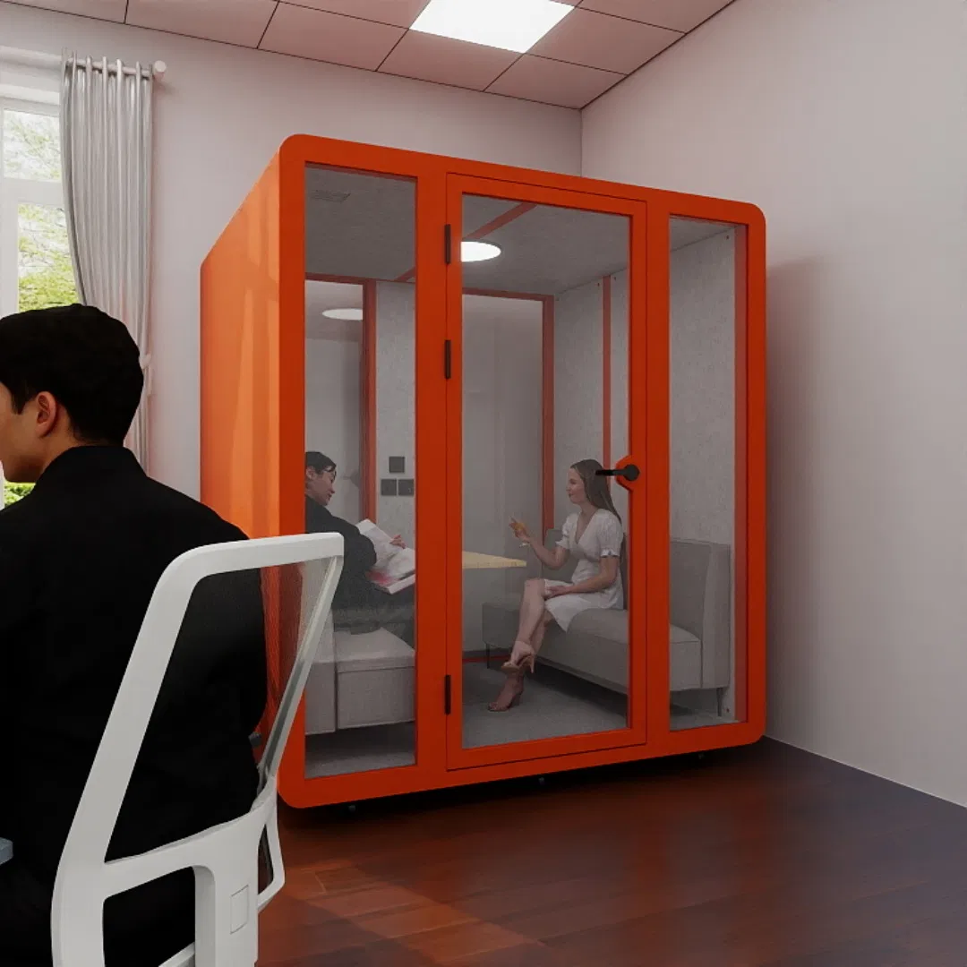 an Acoustic Booth and Office Pod Alongside a Sleeping Pod Built as a Log Cabin