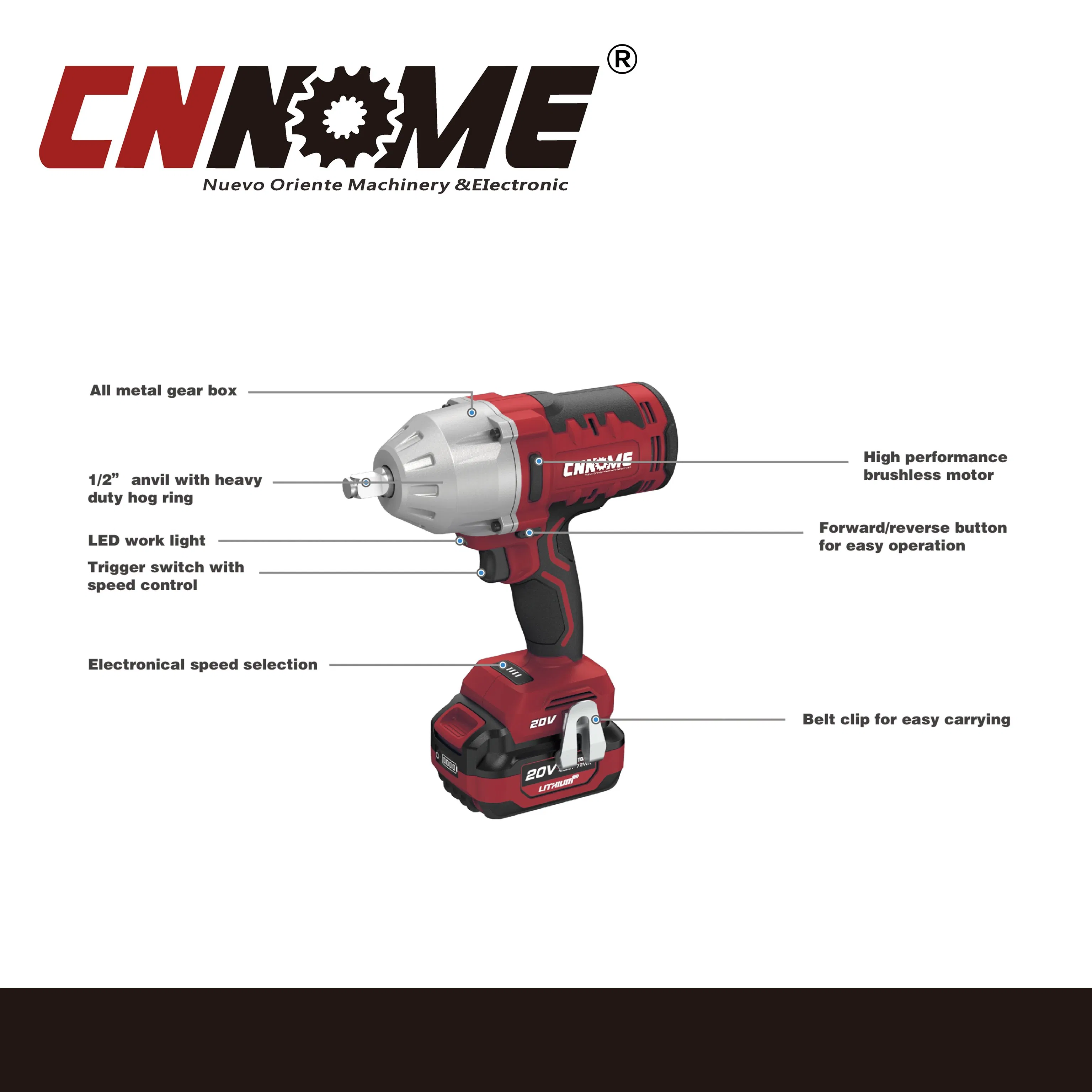 Heavy Duty Cordless 20V Brushless 600nm Big Torque Impact Wrench Power Tools