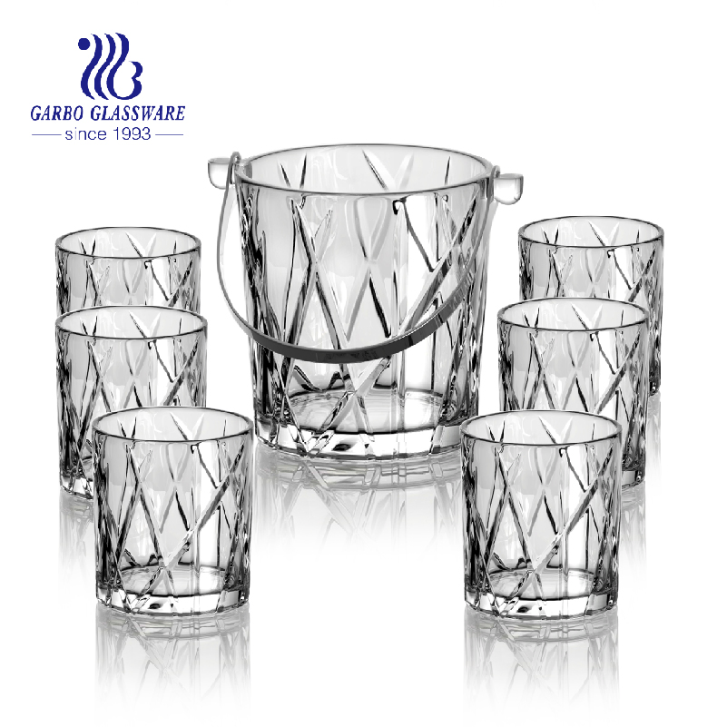 7PCS Glass Ice Bucket Set Engraved Design Cup and Bucket Set for Whisky with Color Box Pack South America Hot Sales Drinking Set