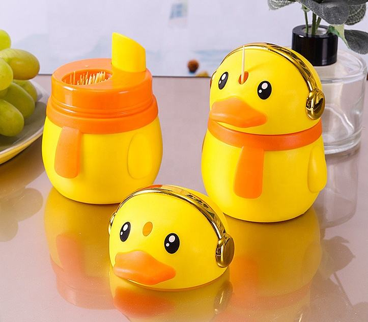 Stocked Yellow Baby Duck Shape Toothpick Dispenser Household Plastic Press Toothpick Holder