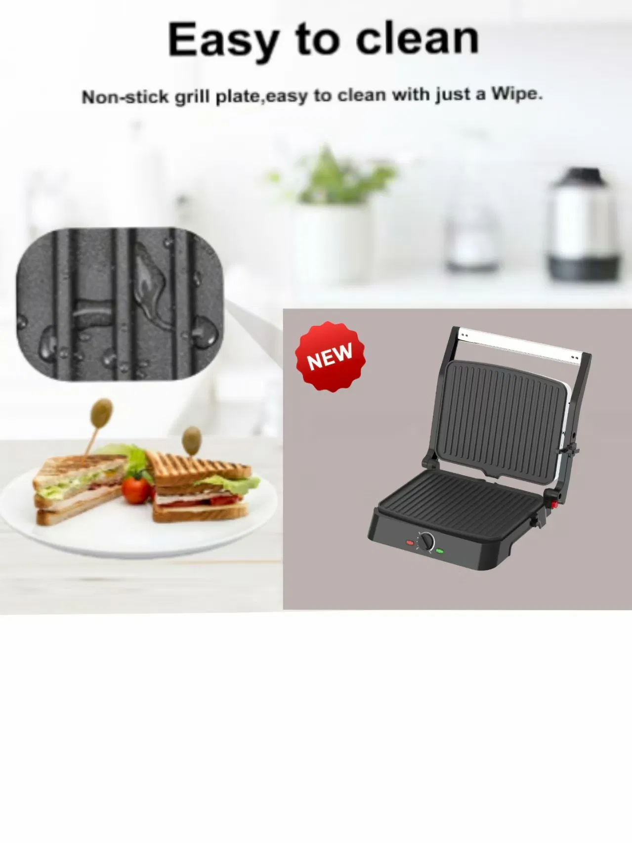 Panini Press,Sandwich Press Grill,180 Degree Open,Perfect for Grilling Sandwich,Steak,Burger,Non-Stick Grill,Table Grill,Stainless Steel,Temperature Adjustable
