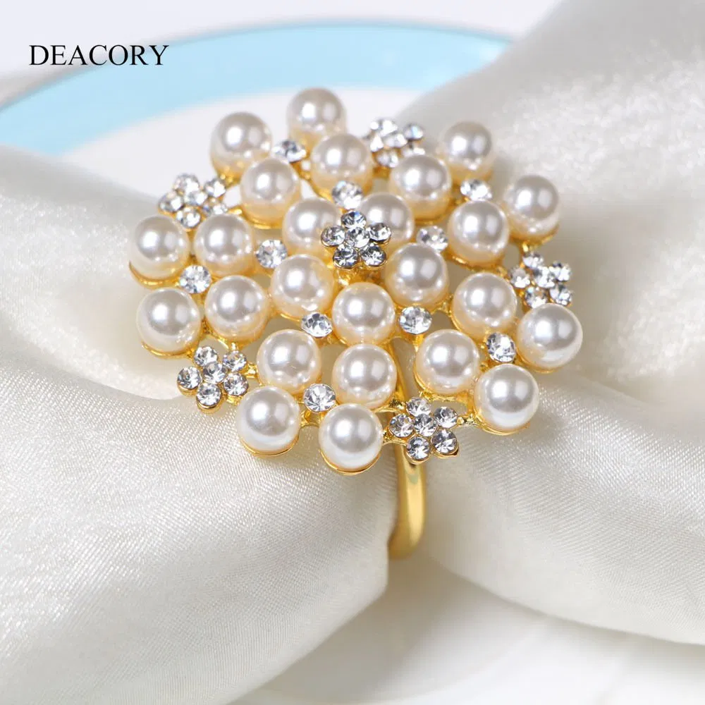 Wholesale New Style Pearl Diamond Table Decoration Gold Metal Napkin Ring for Wedding