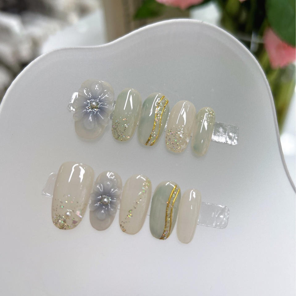 Hot Selling 100% Hand-Painted Ice Flower High Quality Fashionable False Nails Set with Glue Reusable Certified Wholesale