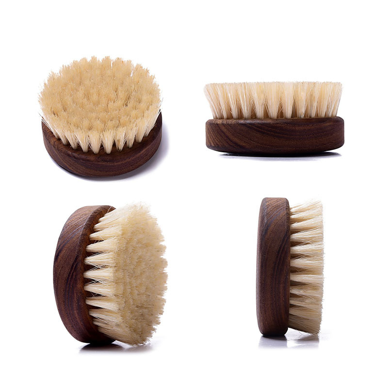 Round Walnut Wood Brush Bath Scrub Brush Dry Clean Remove Brush Boar Bristle Beard Brush