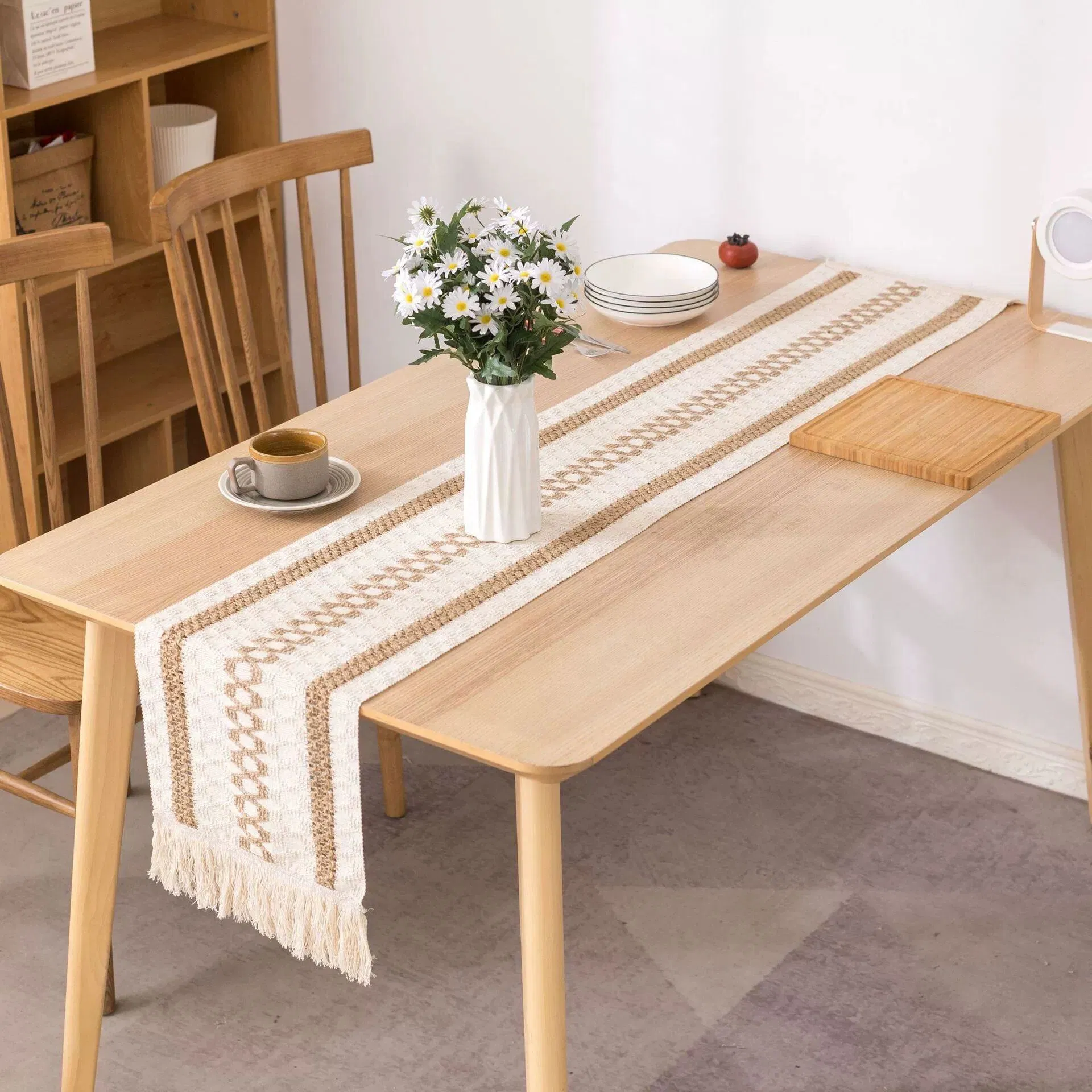 12inch Macrame Splicing Cotton Burlap Table Runners Jute Table Runner with Tassel