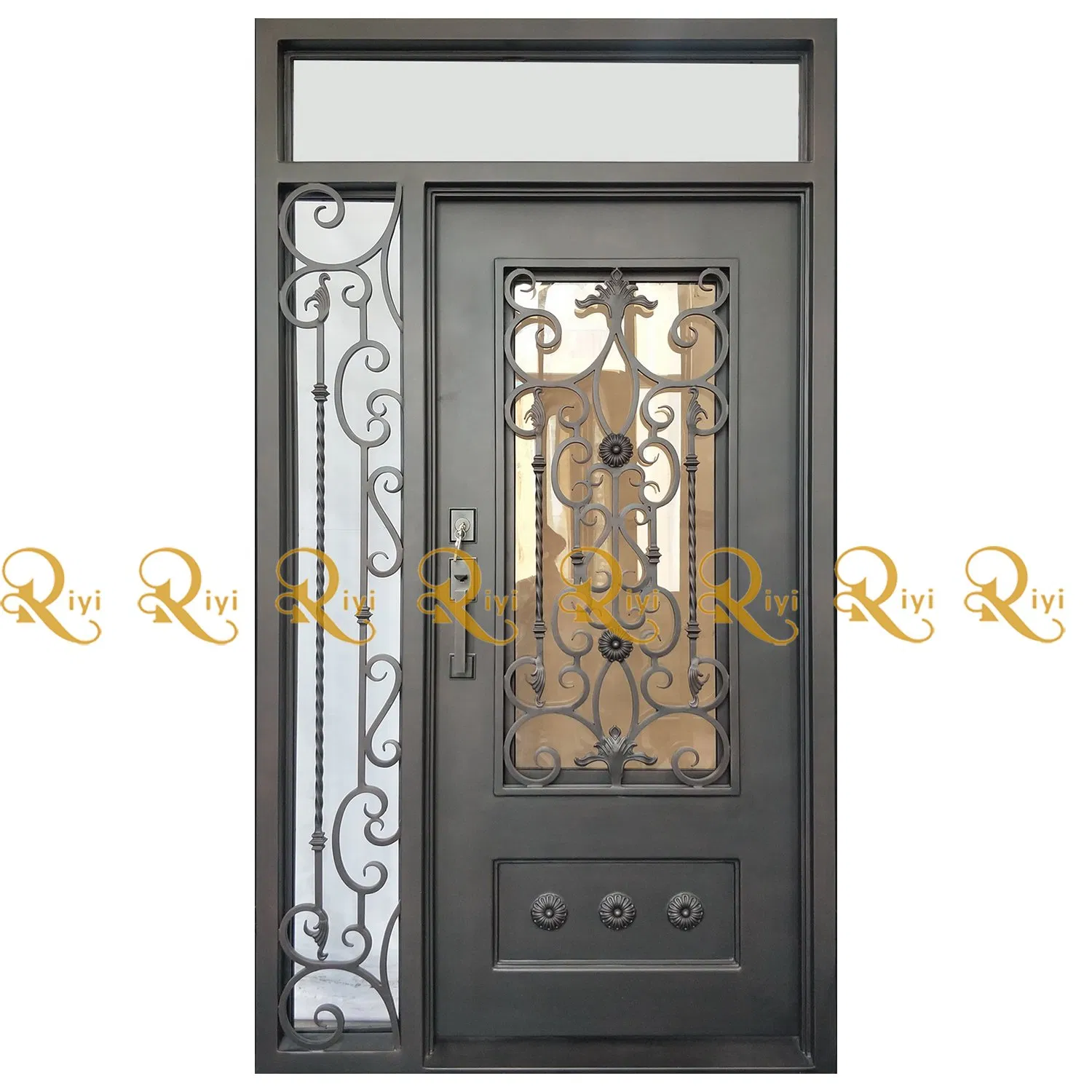 House Front Main Door Design Wrought Iron Exterior Door with Sidelight