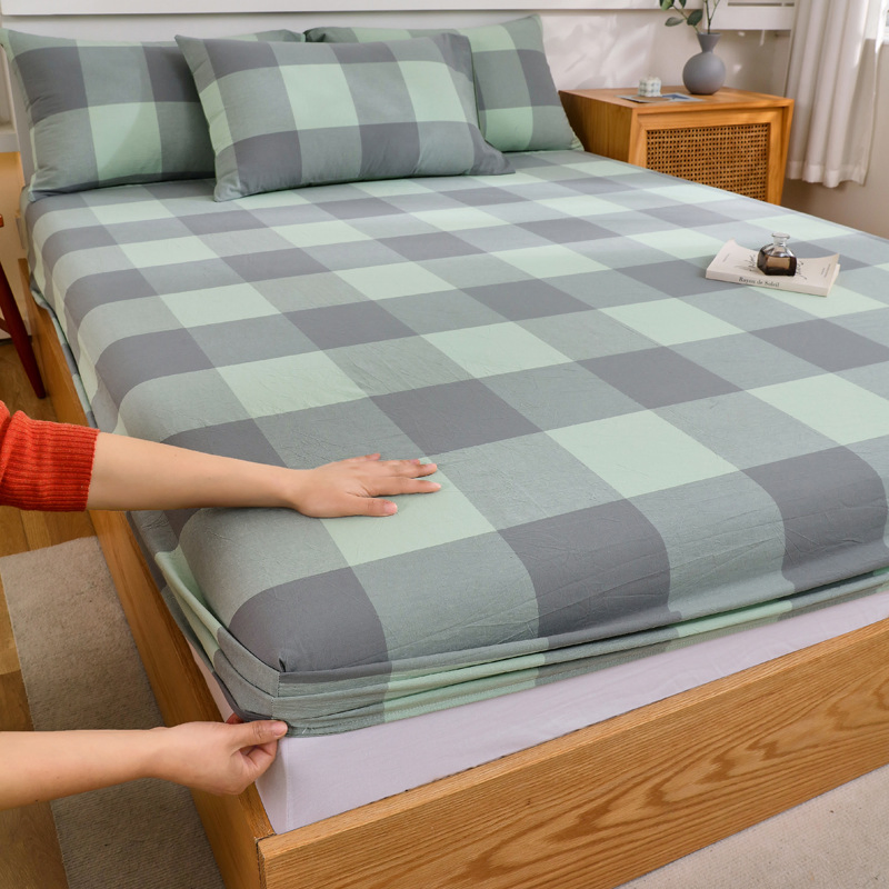 Soft Cotton Plaid Fitted Sheet Queen King Double Single Grid Bedding Sheets