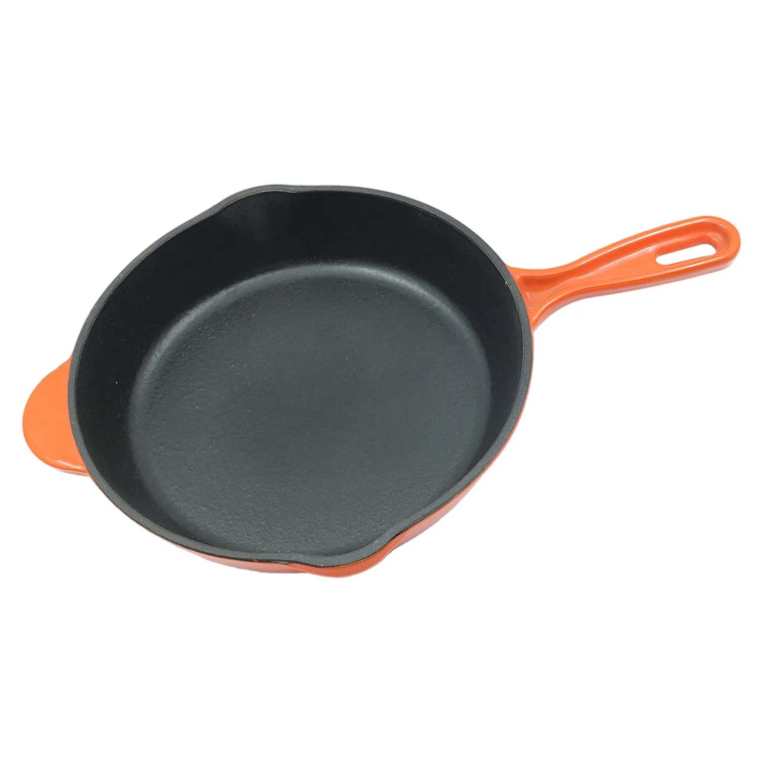 Vibrant Orange Enameled Cast Iron Frying Pan with Dual Spouts and Helper Handle for Searing Skillet