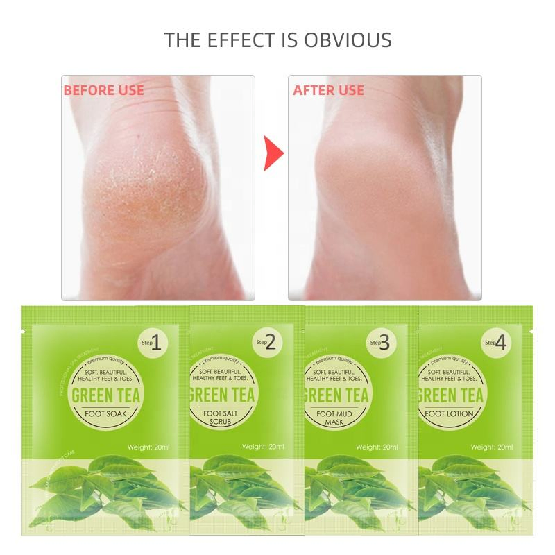 Aixin Cosmetics Foot Care 4 in 1 Green Tee Crystal Foot Mask Cream Scrub Soften Exfoliating Foot Jelly Pedicure SPA Kit Green Tee Foot SPA