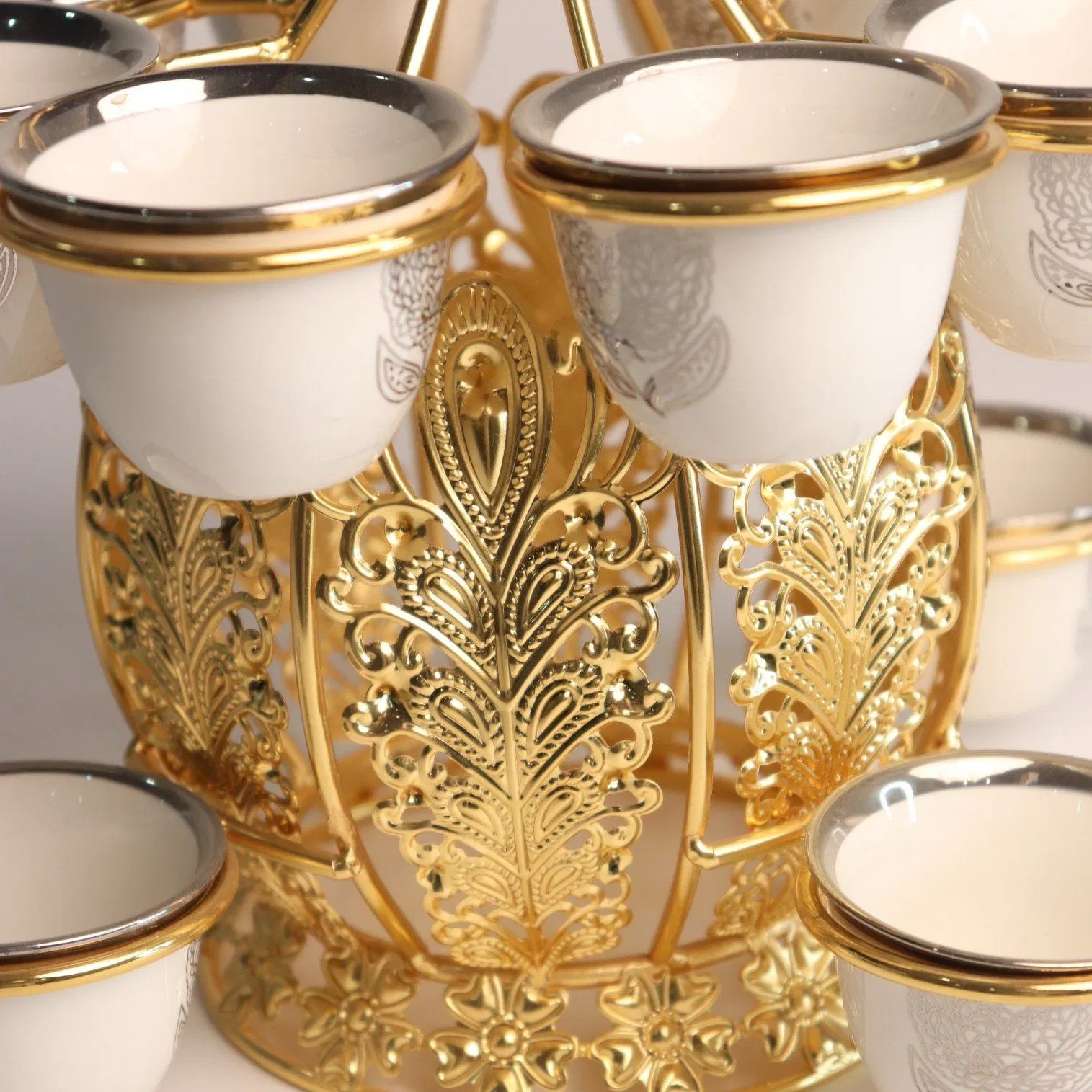Decorative Gold-Plated Iron Frame with 12 Ceramic Tea Cup Ornaments Set
