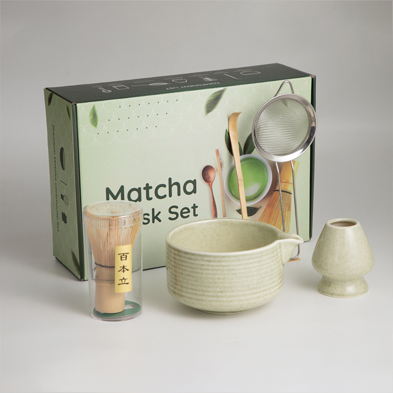 Custom Logo Matcha Tea Set 4 to 10 Pieces Japanese Matcha Bowl Tea Whisker Standing Bamboo Matcha OEM Set Whisk with Gift Box