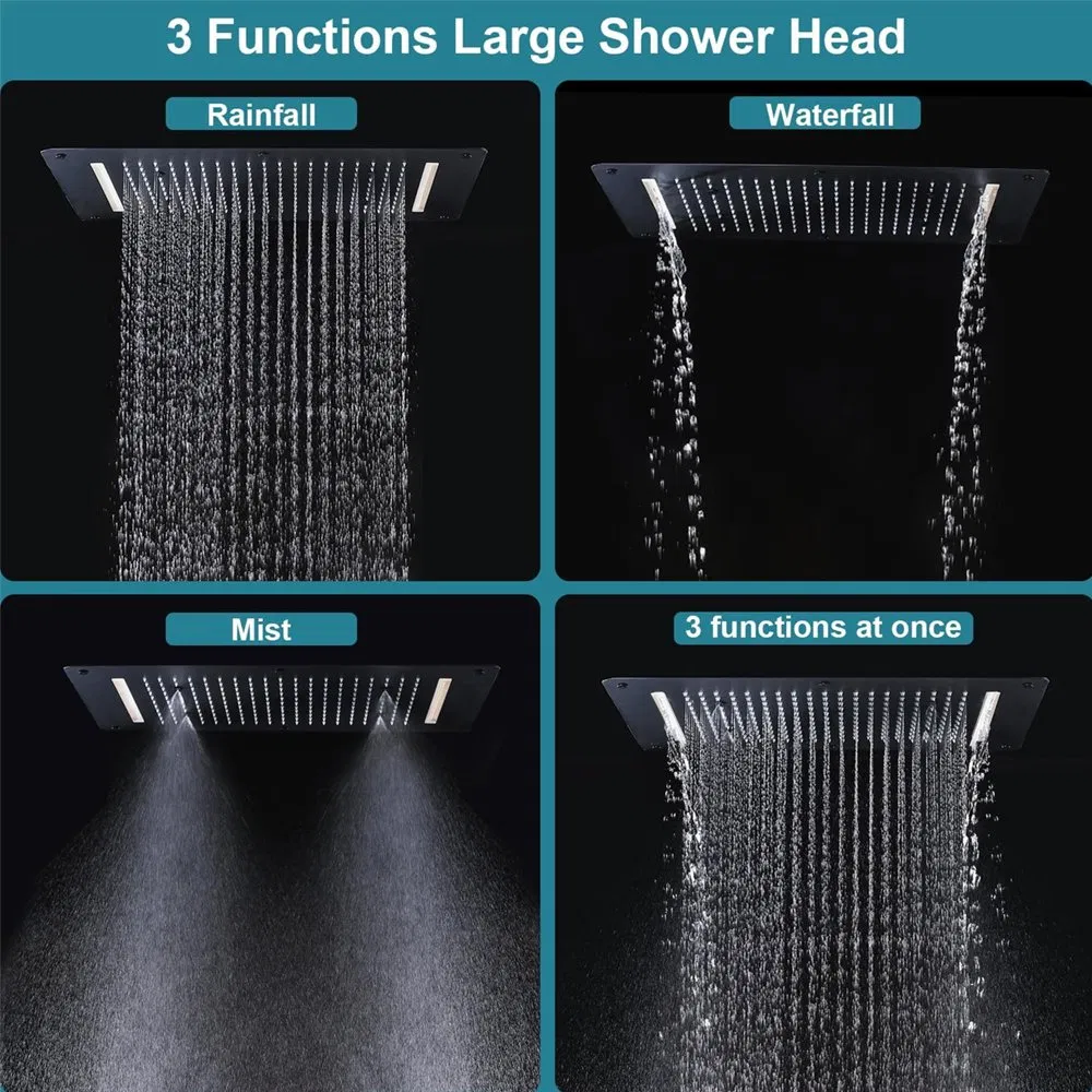 Black 3 Functions Rain Shower Head Ceiling Mount Rainfall Shower Luxury Concealed Shower Set Bathroom Accessories