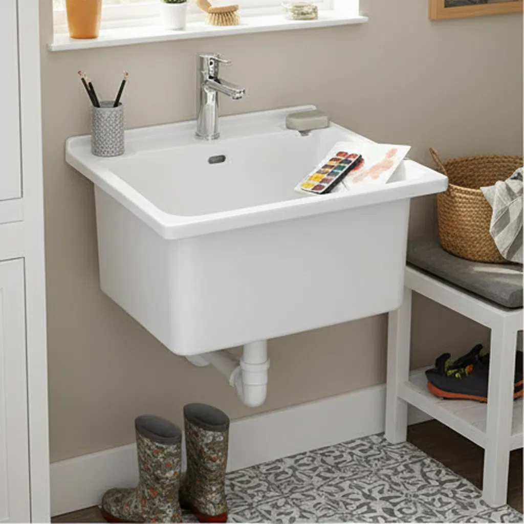 Premium White Acrylic Utility Laundry Cabinet with Drop-in Basin